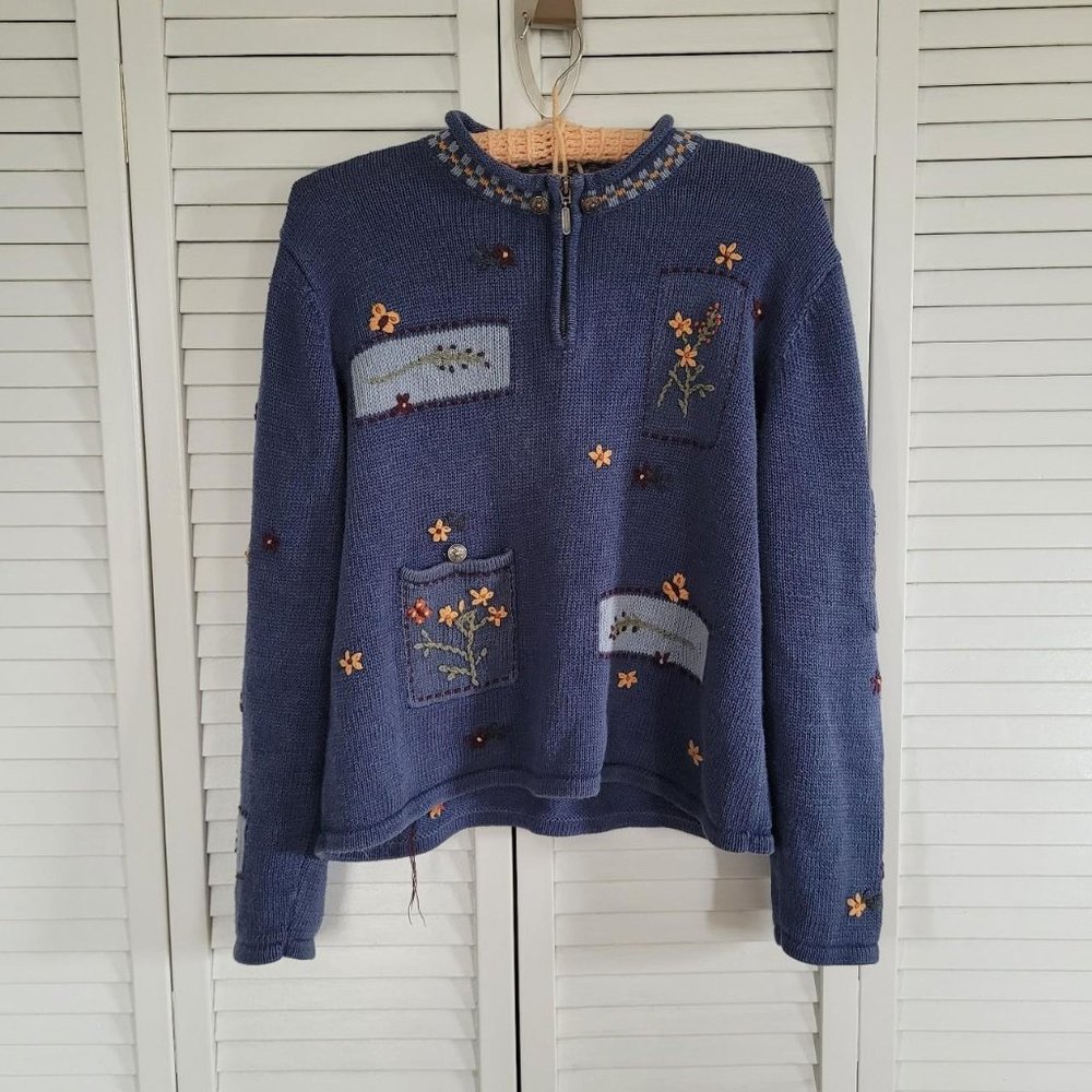Christopher and Banks flower hand embroidery blue cottage core size medium sweat